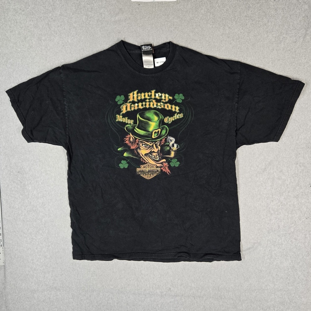VINTAGE Harley-Davidson Men Shirt 2XL Black Graphic Leprechaun Y2K Grunge